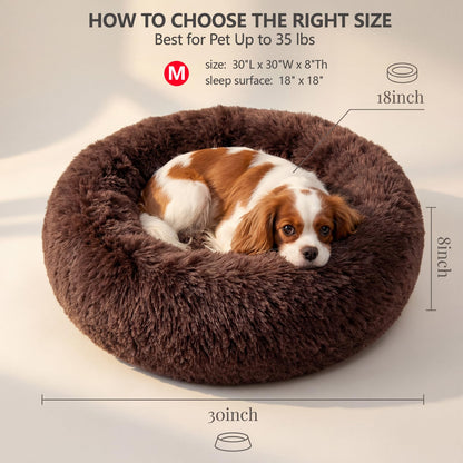Small Calming Dogs Bed for Small Dogs Anti-Anxiety Machine Washable Fluffy Luxury Anti-Slip Waterproof Mute Base Warming Cozy Soft Pet Puppy Round Bed