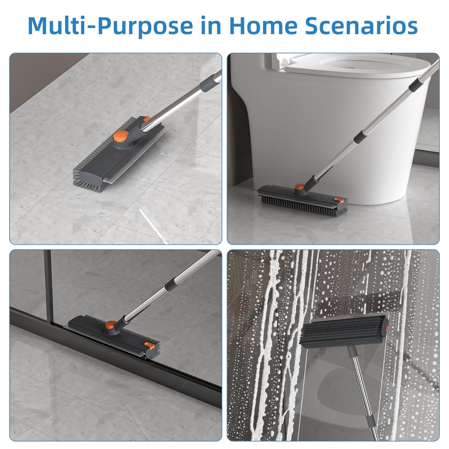 Scrub Brush with Long Handle, Floor Scrub Brush Squeegee Broom for Cleaning, 3 in 1 Shower Scrubber Floor Broom Squeegee for Concrete Tile Wall Deck Patio White