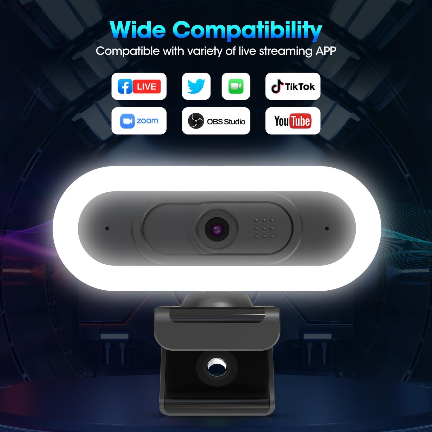 ToLuLu Streaming Webcam 2K 50FPS Web Cam, LED RGB Webcam with Microphone and Light, Autofocus Computer Camera with Cover and Tripod, Plug-Play USB Web cam for PC Desktop/MacBook Gaming Video Calling