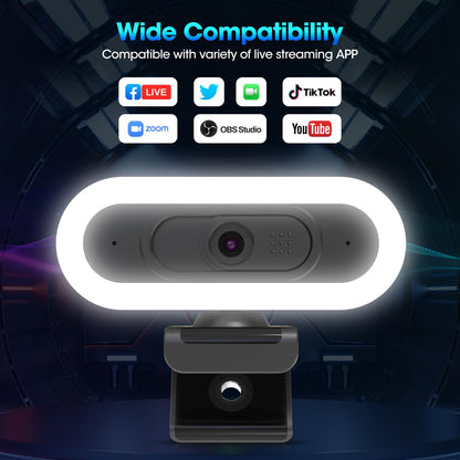 ToLuLu Streaming Webcam 2K 50FPS Web Cam, LED RGB Webcam with Microphone and Light, Autofocus Computer Camera with Cover and Tripod, Plug-Play USB Web cam for PC Desktop/MacBook Gaming Video Calling