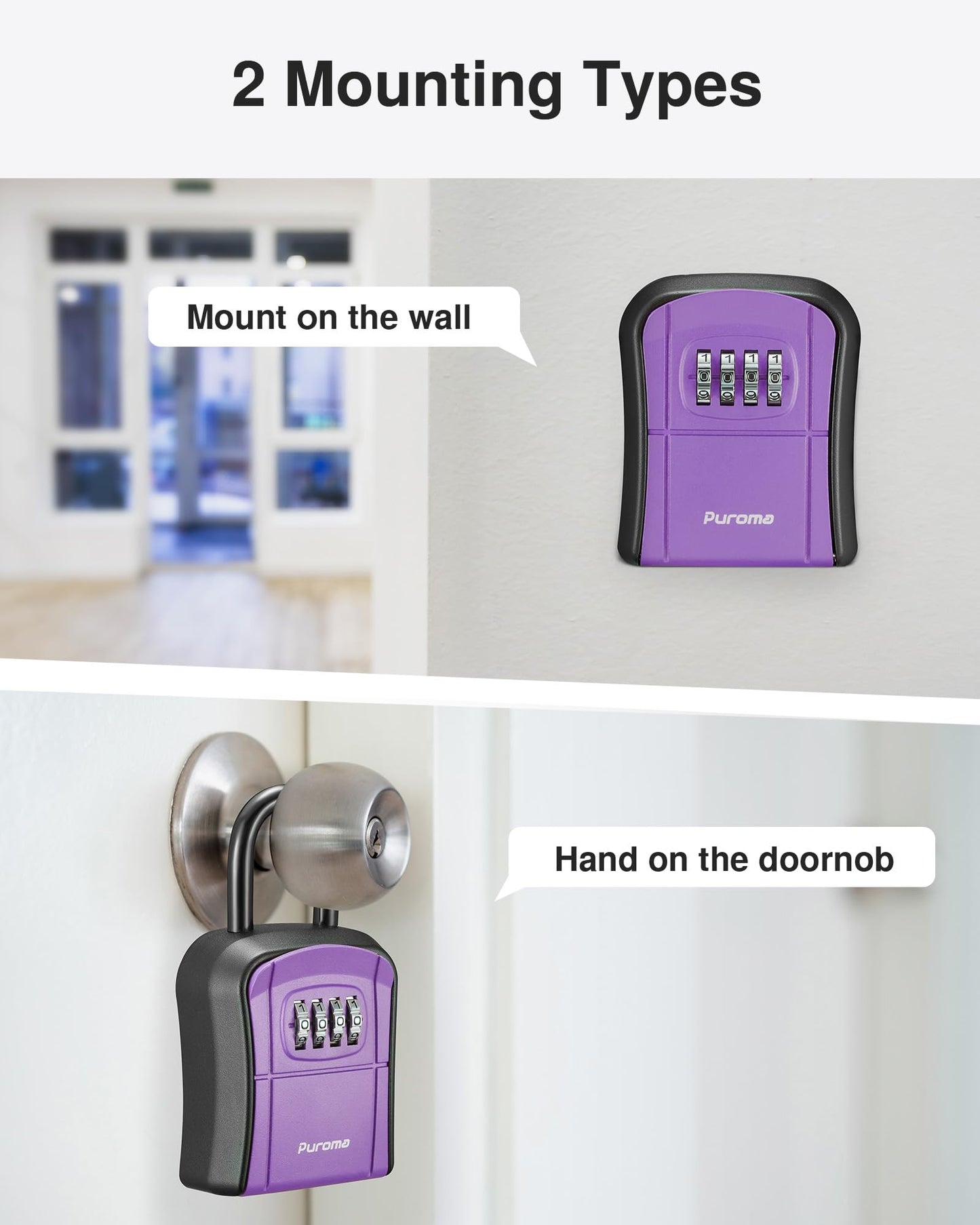 Puroma Key Lock Box, Portable Combination Lockbox Wall-Mounted Key Storage Box for House Keys, Resettable Code Safe Security Lock Box for Home, Office, Apartment Spare Key Storage (1 Pack, Gray)