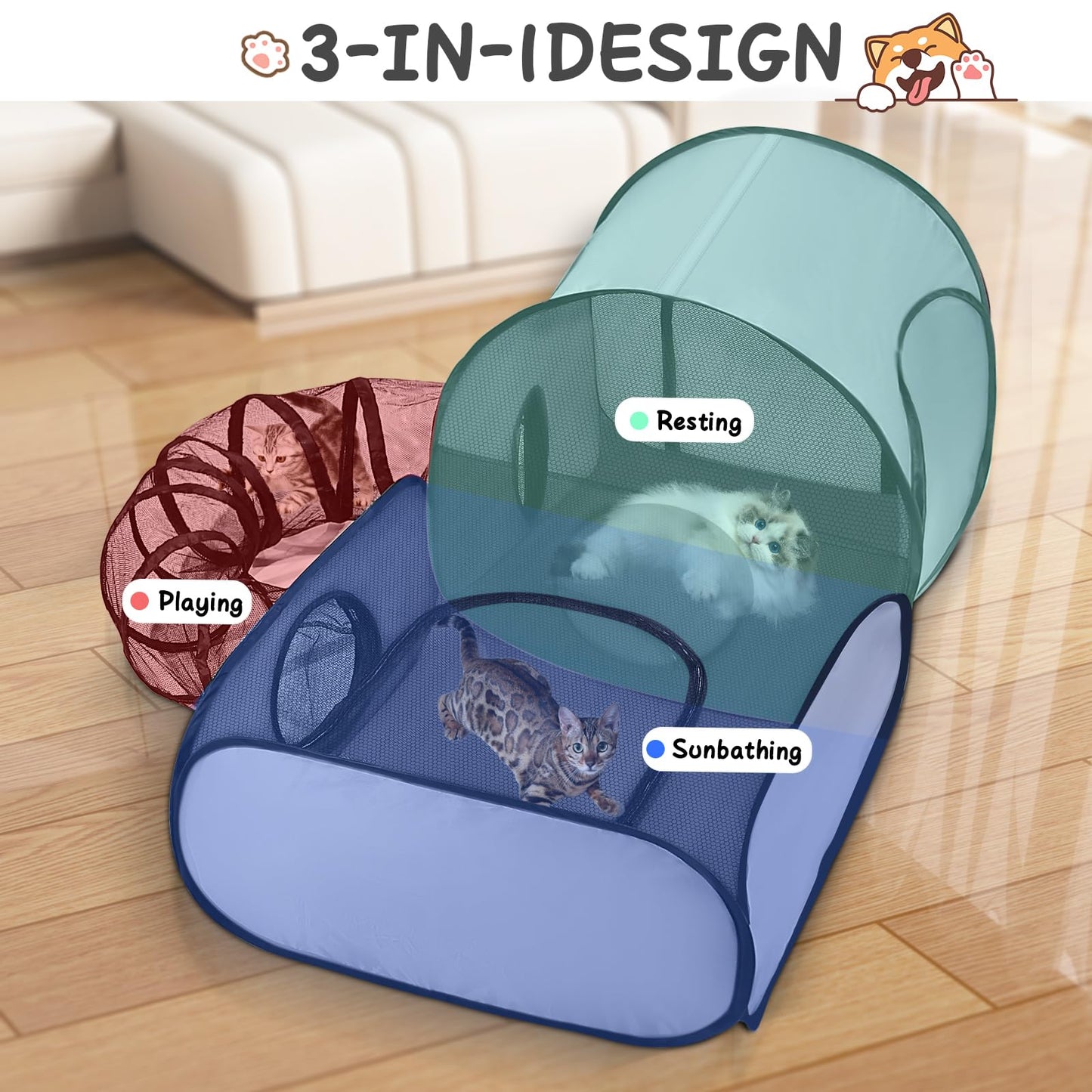 Tailtastic Pet Playpen with Surround Tunnel, Outdoor/Indoor Cat Playpen with Breathable Soft Sides，Tailtastic Cat Enclosure Tent for Small Animals, Portable Tent with Carry Bag (Medium)