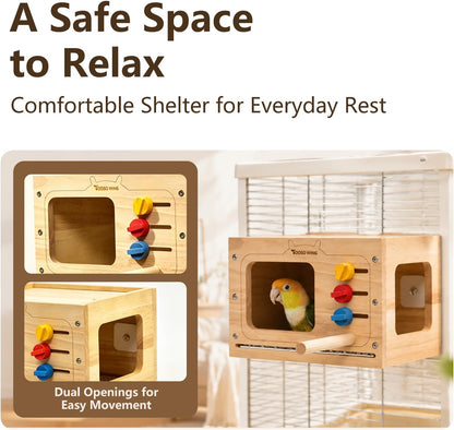 Solid Wood Parrot Hideaway, with Pull-Out Stainless Steel Grate | Glue-Free Retro TV-Shaped Bird House for Beak Play Cage Accessory for Small to Medium Parrots, Chew Toy & Resting House
