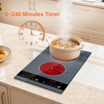 Dual Coil Design of 2 Burner Electric Cooktop, 1800W Ceramic Hot Plate for Cooking, Infrared Double Burner Portable Countertop or 24inch Built-in Radiant Stove Top Cooker, Compatible with All Cookware