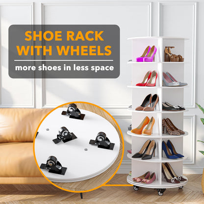 SpaceAid Spinning Shoe Rack with Wheels, 7 Tier Rotating Organizer Shoe Tower Lazy Susan with Thick Bottom, 360 Display Revolving Storage Shelf, Round Circular Rotate Organization, White