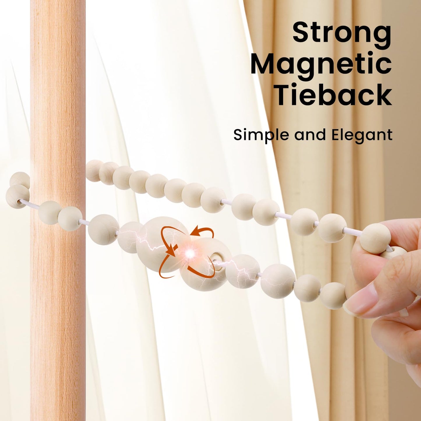 KLOGTSIND Magnetic Curtain Tiebacks, Curtain Holdbacks for Curtains 2 Pack, Wood Bead Curtain Holders for Boho Bedroom Decor, Baby Nursery Decor, Farmhouse Decor