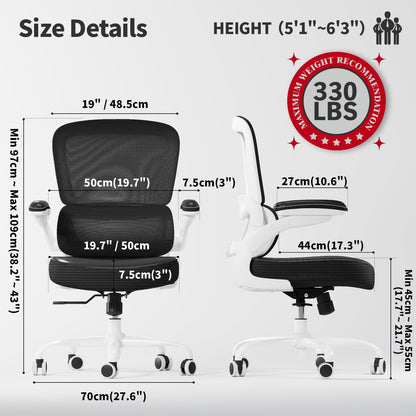 TRALT Ergonomic Office Chair - Desk Chair with Adjustable Lumbar Support Computer Chair - Mesh Comfy Chair with Flip-up Armrests - Gaming Chairs for Adults Home Office (Leather, White)