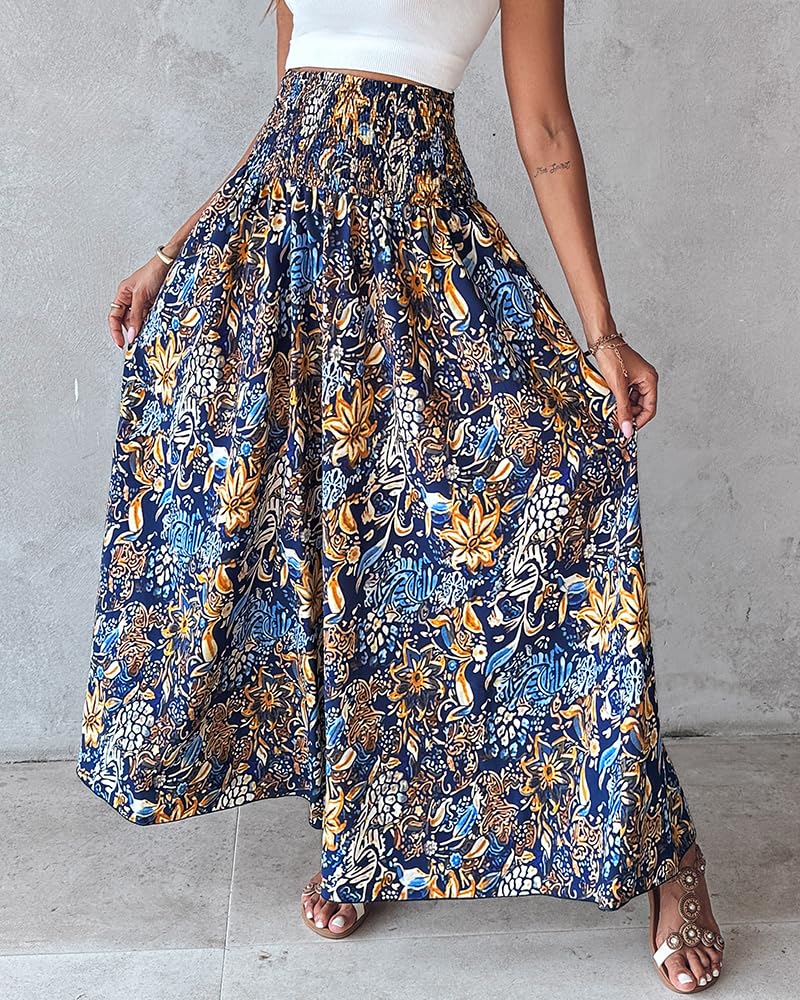 CHICME Boho Floral Shirred High Waisted Wide Leg Pants Flowy Palazzo Pants Summer Beach Vacation Wear
