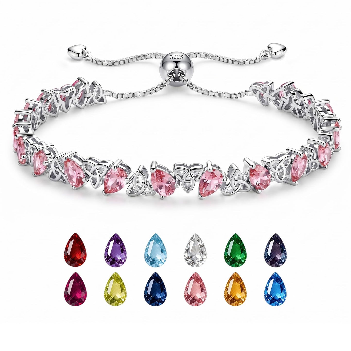 Birthstone Bracelets for Women, Pear Cut Tennis Bracelet 925 Sterling Silver, 6-9 Inch Adjustable Celtic Knot, Anniversary Birthday Jewelry Gifts for Women