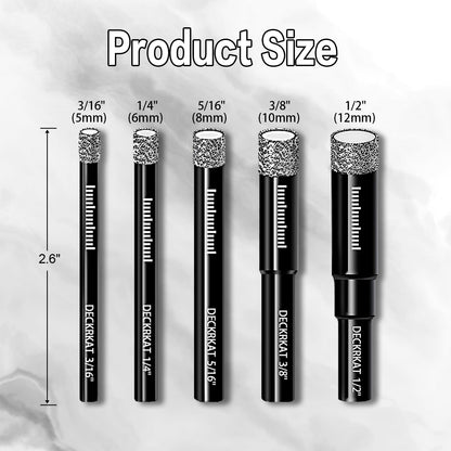 7 Piece Diamond Drill Bits Set, Core Drill Bits for Hard Materials - Tiles Ceramics Glass Stones – Built in Coolant, Fast Dry Drilling - Sizes 3/16" 1/4" 5/16" 3/8" 1/2" - Round Shank, Storage Case