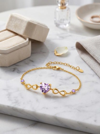 14K Gold Infinity Birthstone Bracelets for Women, Infinity Love Heart Birthstone Link Bracelets for Women, 14K Gold Plated Jewelry Birthday Gifts for Wife Girlfriend Mom, 7+2 Inch