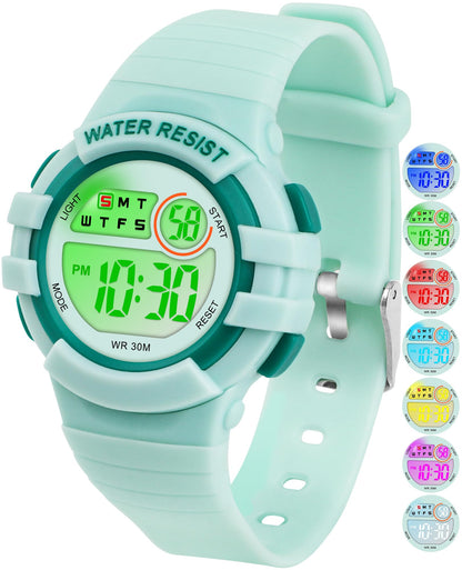 DTKID Digital Kids Watch 30 M Waterproof, 7 Color Lights Time Teaching Watch Easy to Read for Girls Boys 5-16