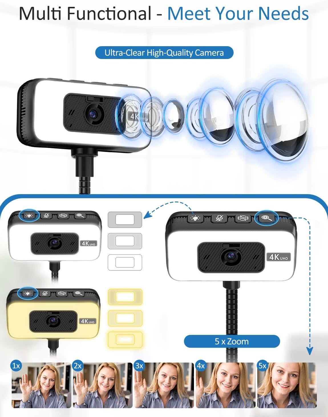 Webcam for PC, 4K Streaming Camera with Light, Web Camera for Desktop/Laptop Computer Webcam with Microphone, Plug and Play USB Web Cam with Bracket, for Video Calls and Meetings (black) (Black)