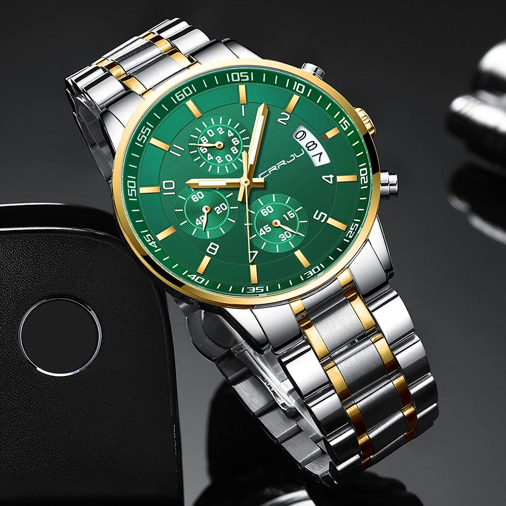 CRRJU Men's Fashion Stainless Steel Watches Date Waterproof Chronograph Wristwatches,Black Steel Band Waterproof Quartz Watch for Men