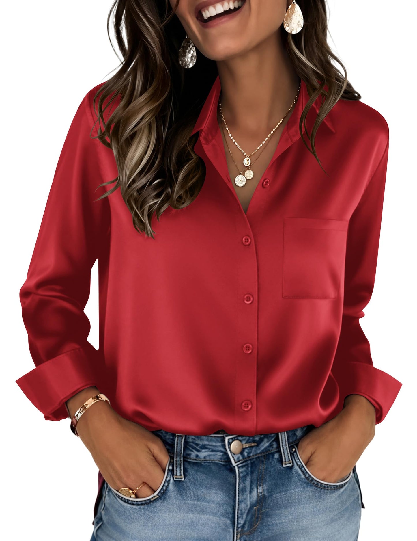 Zeagoo Womens Tops Satin Blouse Long Sleeve Shirts V Neck Dressy Casual | Button Down Business Outfits Fall Fashion With Pockets