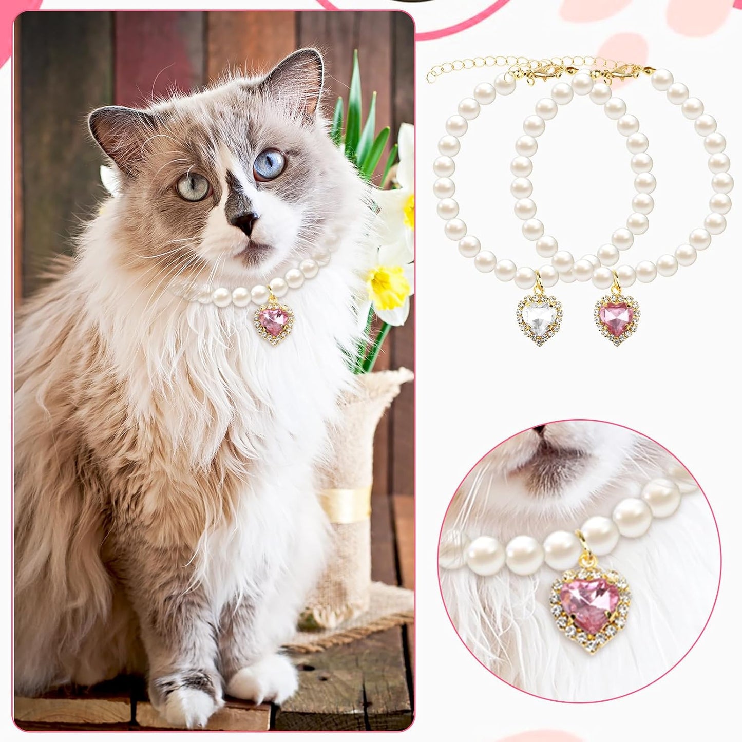 Tyqour 2pcs Cute Girl Cat Collar, Pearl Cat Dog Collar with Small Heart Shape Rhinestone for Small Dogs and Cats Adjustable Fancy Dog Pearl Necklace Collars, Pink Heart + White Heart