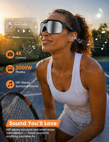 AI Smart Glasses with 30MP Camera, 4K HD Video Recording and Bluetooth Sport Glasses with ChatGPT Voice Real-Time Translation,IP66 UV400 Sunglasses for Baseball, Cycling & Hiking Black