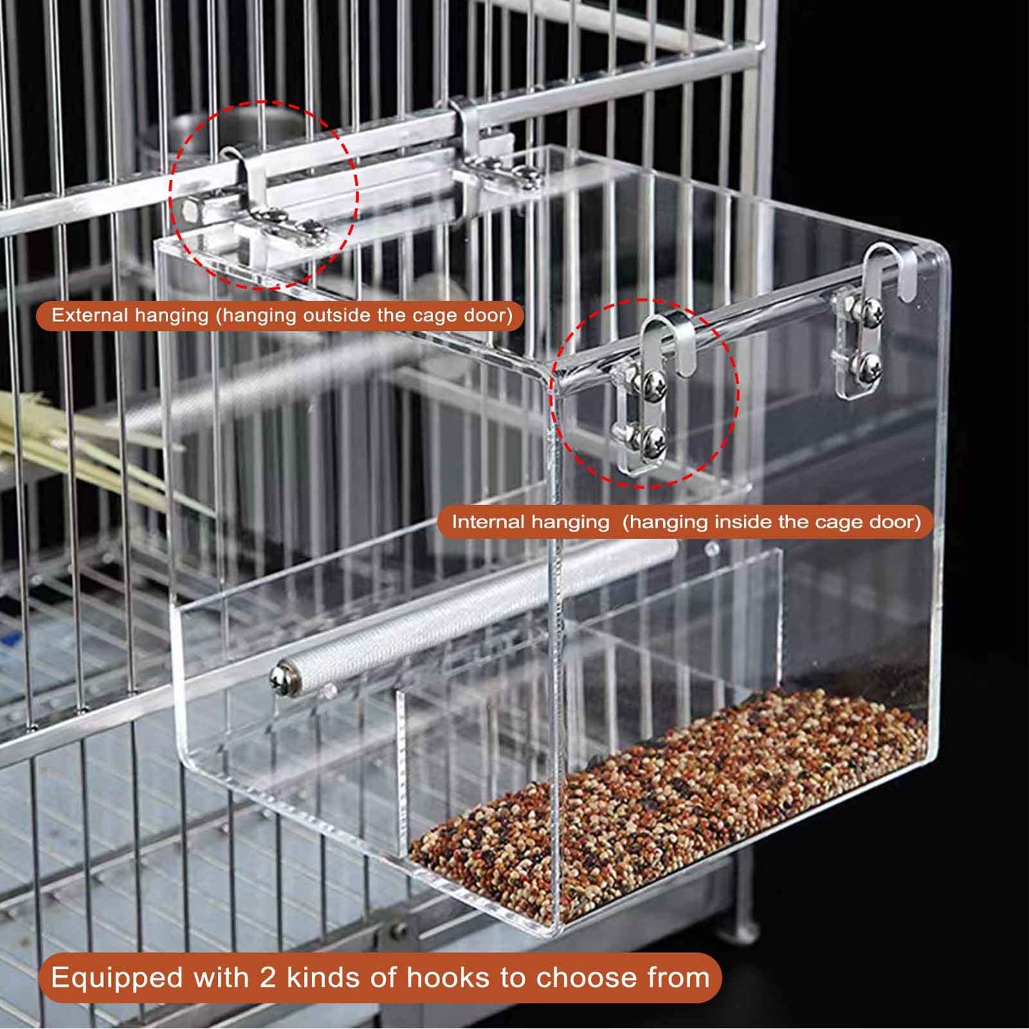 No Mess Bird Feeder for Cage, Automatic Acrylic Bird Feeder Seed Catcher Tray Cage with Stainless Steel Hooks for Small Parrots Canary Parakeet Budgerigar Crested Cockatiel Lovebird (Small)