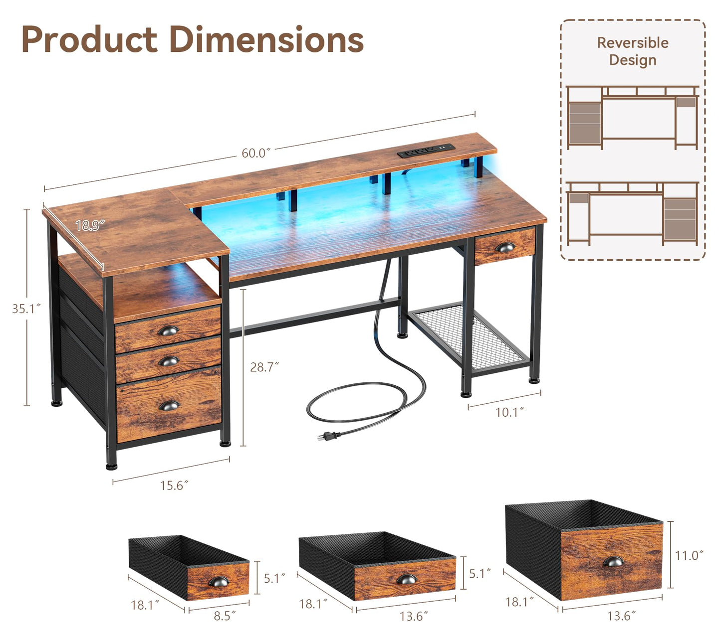 Furologee 60" Black Computer Desk with 4 Drawers and Printer Space, Gaming Desk with LED Lights and USB Power Outlets, Home Office Desk with Fabric File Cabinet,Study Work Table with Shelf for Bedroom