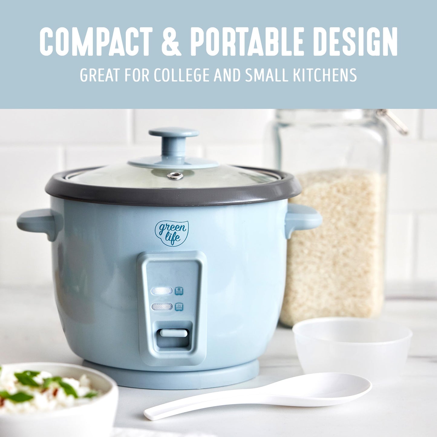 GreenLife Rice Cooker with Removable PFAS-Free Ceramic Nonstick Pot, 3-Cups Uncooked/6-Cups Cooked, Grains & Oatmeal Multicooker, Compact One-Switch Design, Auto Keep Warm, Easy Clean, Cream