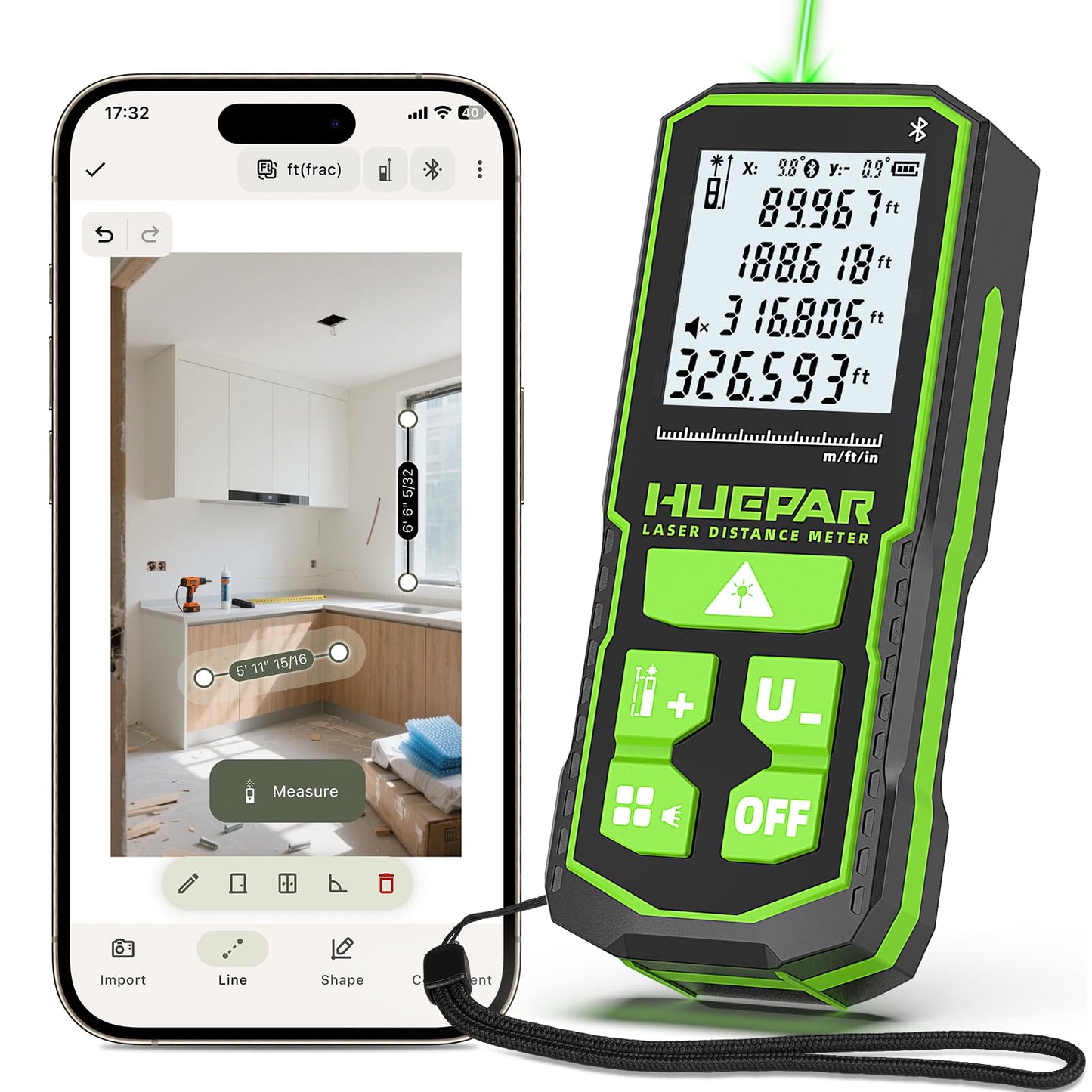 Huepar 395FT Bluetooth Green Laser Measuring Tool S120-G-BT | 1/16in Accuracy, APP Control, Angle Sensor, Carry Bag, Laser Distance Measurement Tool, Digital Laser Room Measuring Device