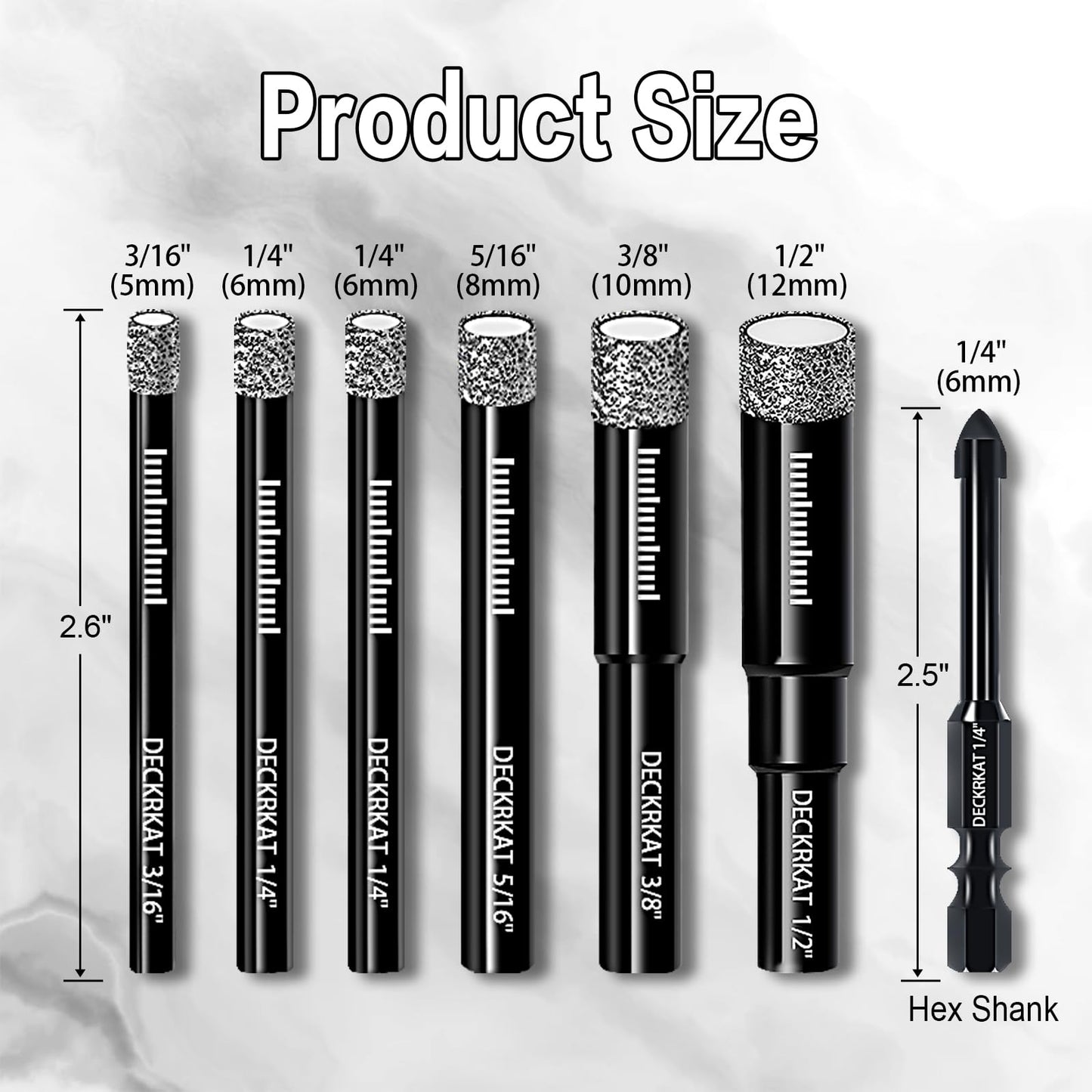 7 Piece Diamond Drill Bits Set, Core Drill Bits for Hard Materials - Tiles Ceramics Glass Stones – Built in Coolant, Fast Dry Drilling - Sizes 3/16" 1/4" 5/16" 3/8" 1/2" - Round Shank, Storage Case