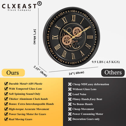 CLXEAST Mid Century Minimalist Modern Wall Clocks,24 Inch Wall Clock with Moving Gears, Large Cream Gold Wall Clocks for Living Room Decor,House Warming Gifts New Home