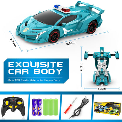 FDJ Remote Control Car - Transform Toys Car Robot, One Button Deformation to Robot with Flashing Light, 2.4Ghz 1:18 Scale Transforming Police Car Kids Toys with 360 Degree Rotating, Girls Boys Toys