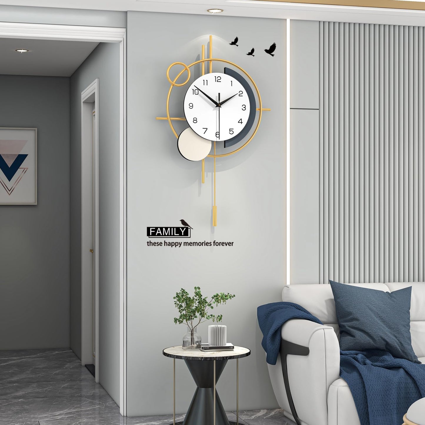 Wall Clock Decorative Large Modern Wall Clock Silent Non-Ticking Battery Operated Gold Unique Pendulum Clock for Living Room,Bedroom,Office,Kitchen,Bathroom,Wall Decor 13.8x21.9in