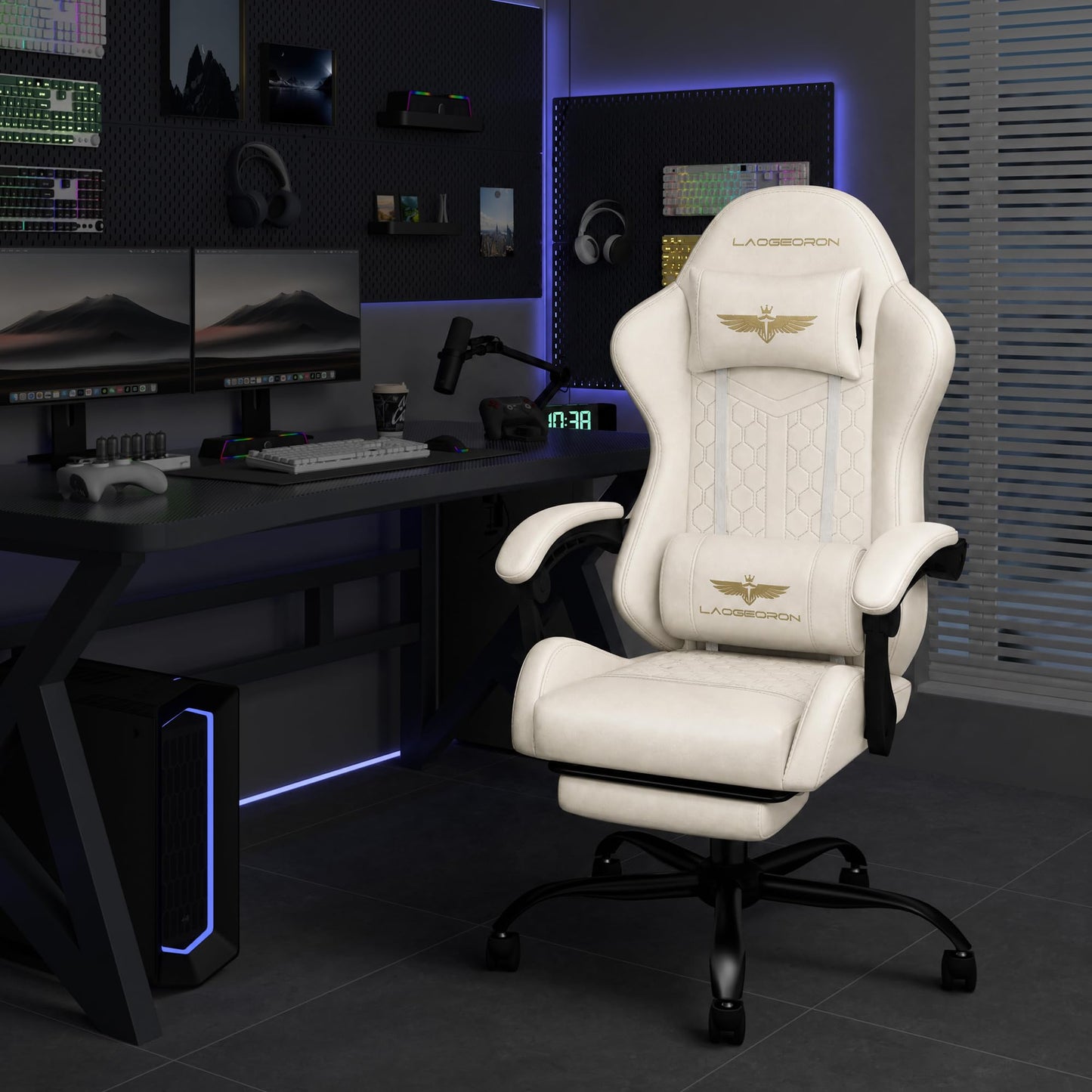 Ergonomic Gaming Chair, RGB LED Lights Computer Chairs with Retractable Footrest, 400 lbs Lumbar Support Linked Armrests Gamer Chair High Back Heavy Duty Video Game Chairs (Black Red)