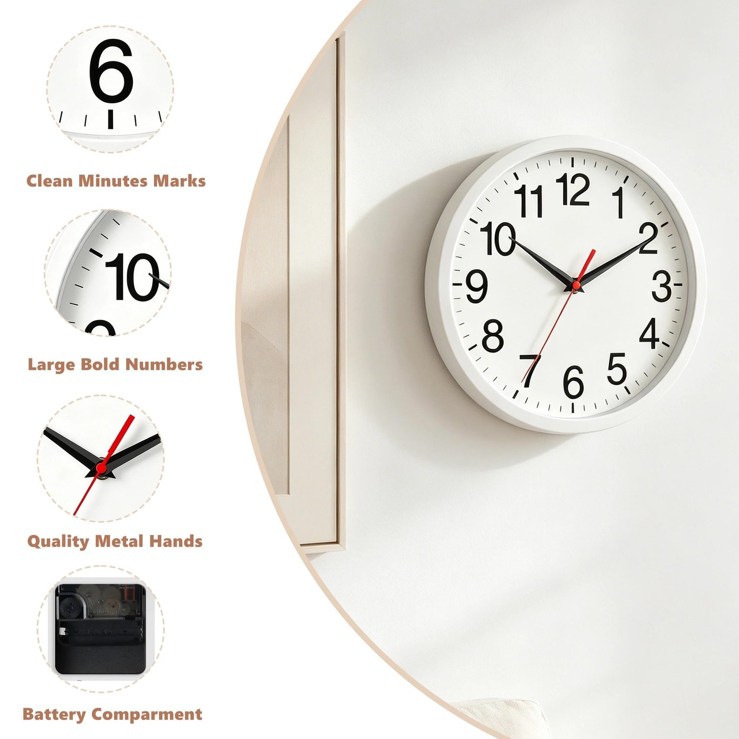 Rohioue Wall Clock Modern 8 Inch Battery Operated Silent Non Ticking Small Analog Clock for Living Room Office Home Bedroom Kitchen Bathroom(Black)
