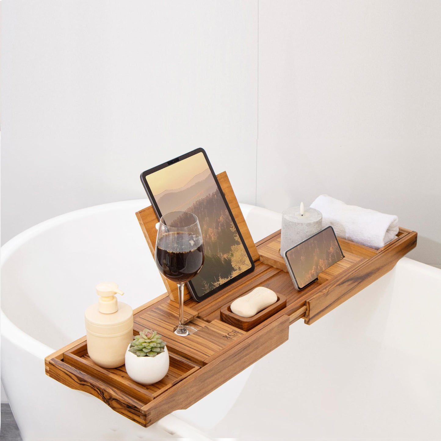 XcE Bamboo Bathtub Caddy Tray - Expandable to 41 Inches with Book Stand, Soap Holder & Anti-Slip Pads for Luxury Bath Spa, Brown