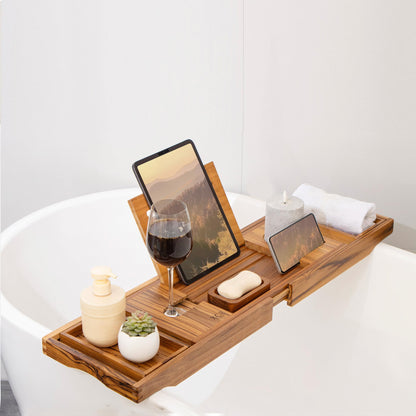 XcE Bamboo Bathtub Caddy Tray - Expandable to 41 Inches with Book Stand, Soap Holder & Anti-Slip Pads for Luxury Bath Spa, Brown