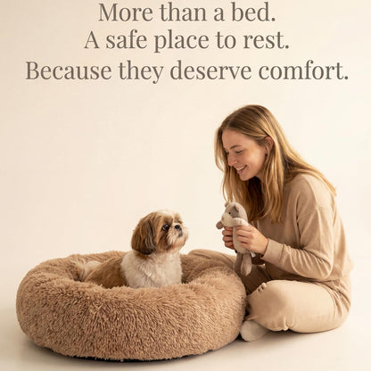 Small Calming Dogs Bed for Small Dogs Anti-Anxiety Machine Washable Fluffy Luxury Anti-Slip Waterproof Mute Base Warming Cozy Soft Pet Puppy Round Bed