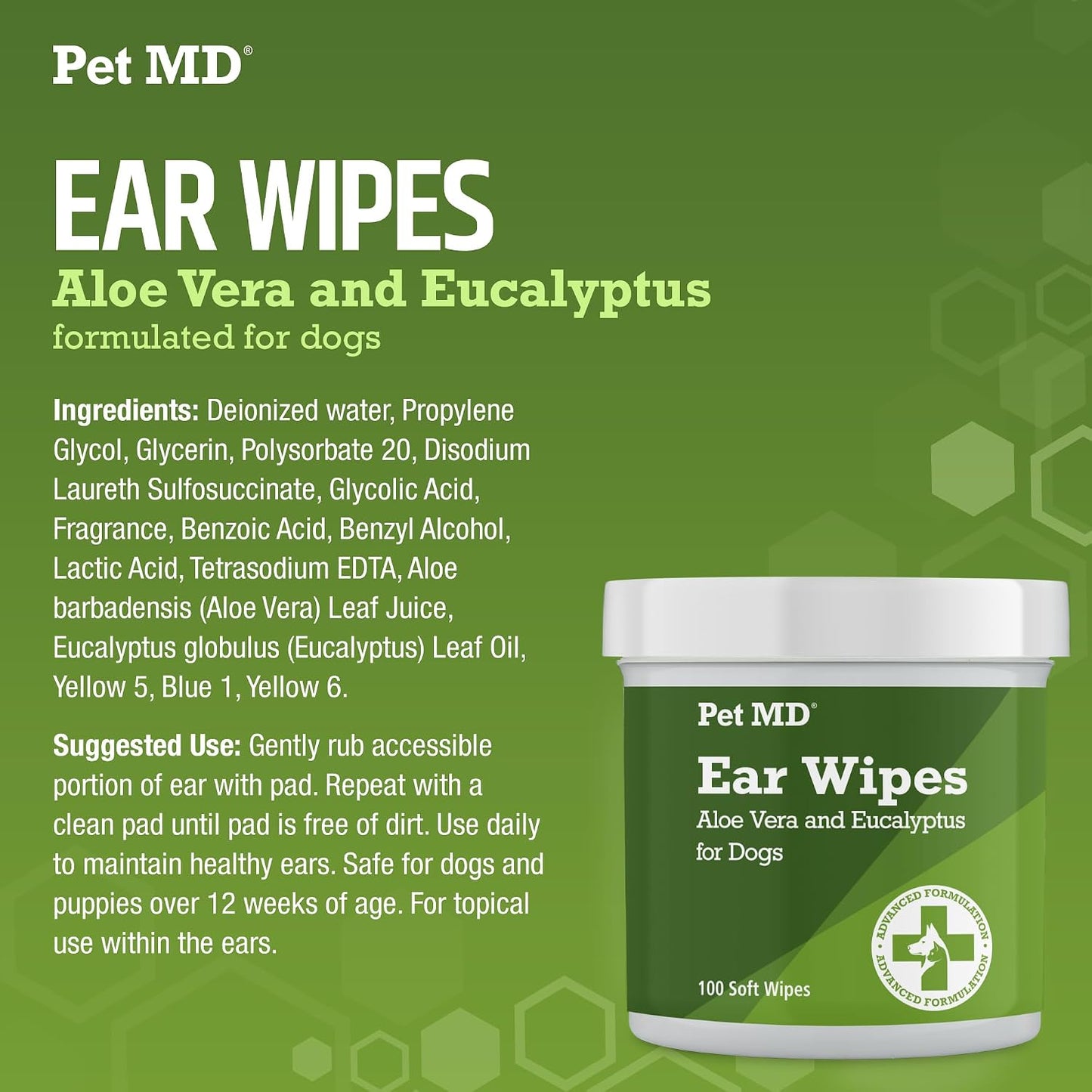 Pet MD Dog Ear Cleaning Wipes – Otic Cleanser for Dogs - 100 ct | Soothing Ear Care with Aloe Vera & Eucalyptus, Regular Wipes
