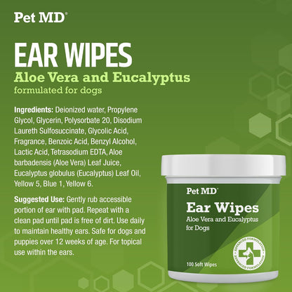 Pet MD Dog Ear Cleaning Wipes – Otic Cleanser for Dogs - 100 ct | Soothing Ear Care with Aloe Vera & Eucalyptus, Regular Wipes