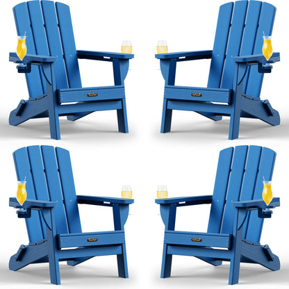 Folding Adirondack Chair, HDPE Adirondack Chairs with 2 Cup Holder, Plastic All-Weather Fire Pit Chairs, Outdoor Lawn Chair for Patio Garden (Grey)