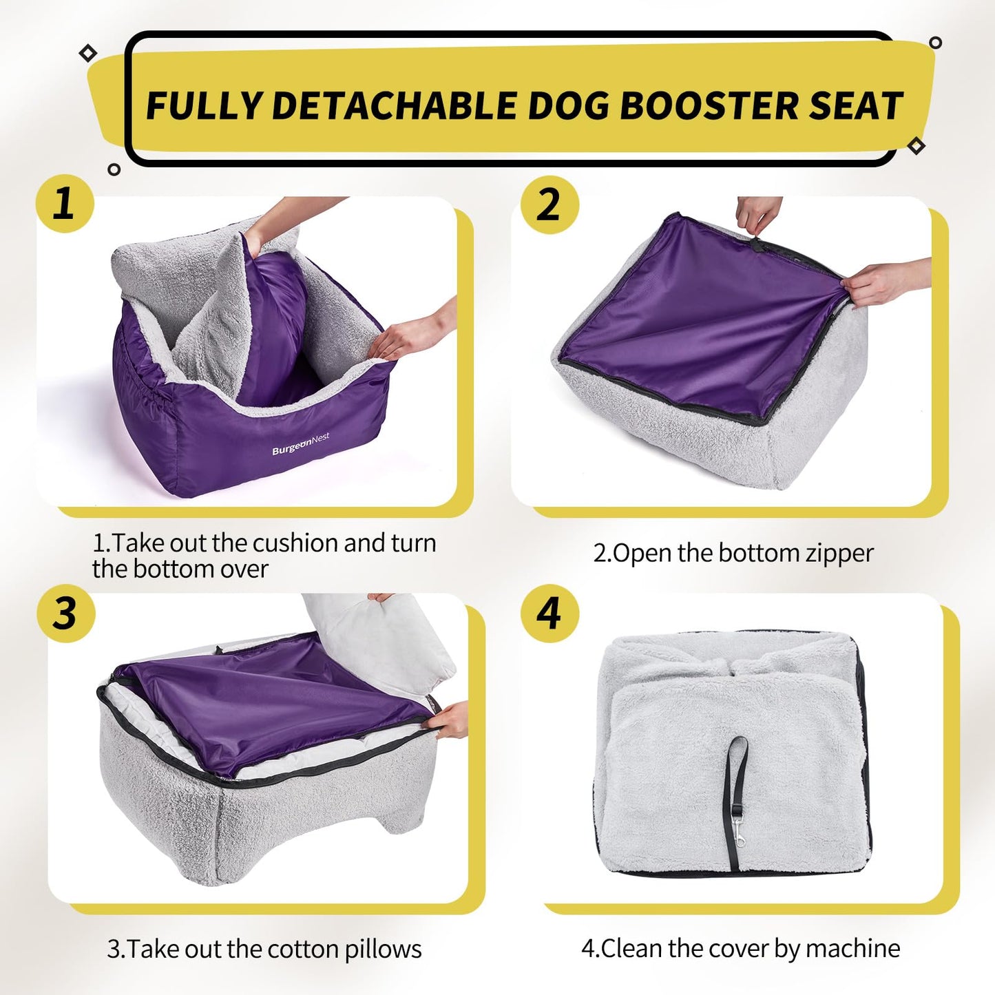 BurgeonNest Dog Car Seat for Small Dogs, Soft Pet Car Travel Home Bed Under 25 lbs, Fully Detachable and Washable Cat Booster Carseats with Storage Pockets and Clip-On Leash Portable Carrier,Black