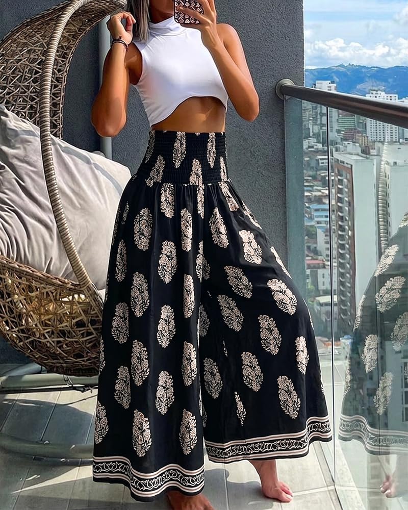 CHICME Boho Floral Shirred High Waisted Wide Leg Pants Flowy Palazzo Pants Summer Beach Vacation Wear