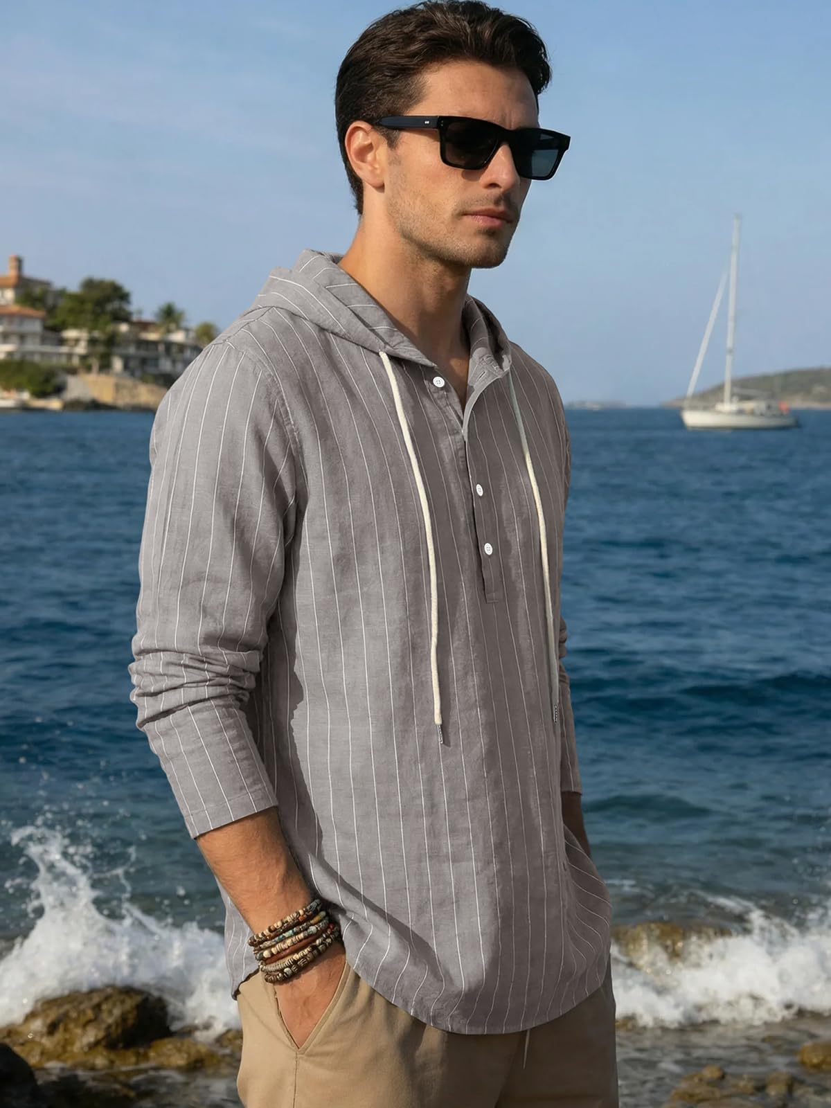 Mens Cotton Linen Hoodies Long Sleeve Button Down Shirts Casual Hawaiian Beach Yoga Sweatshirts