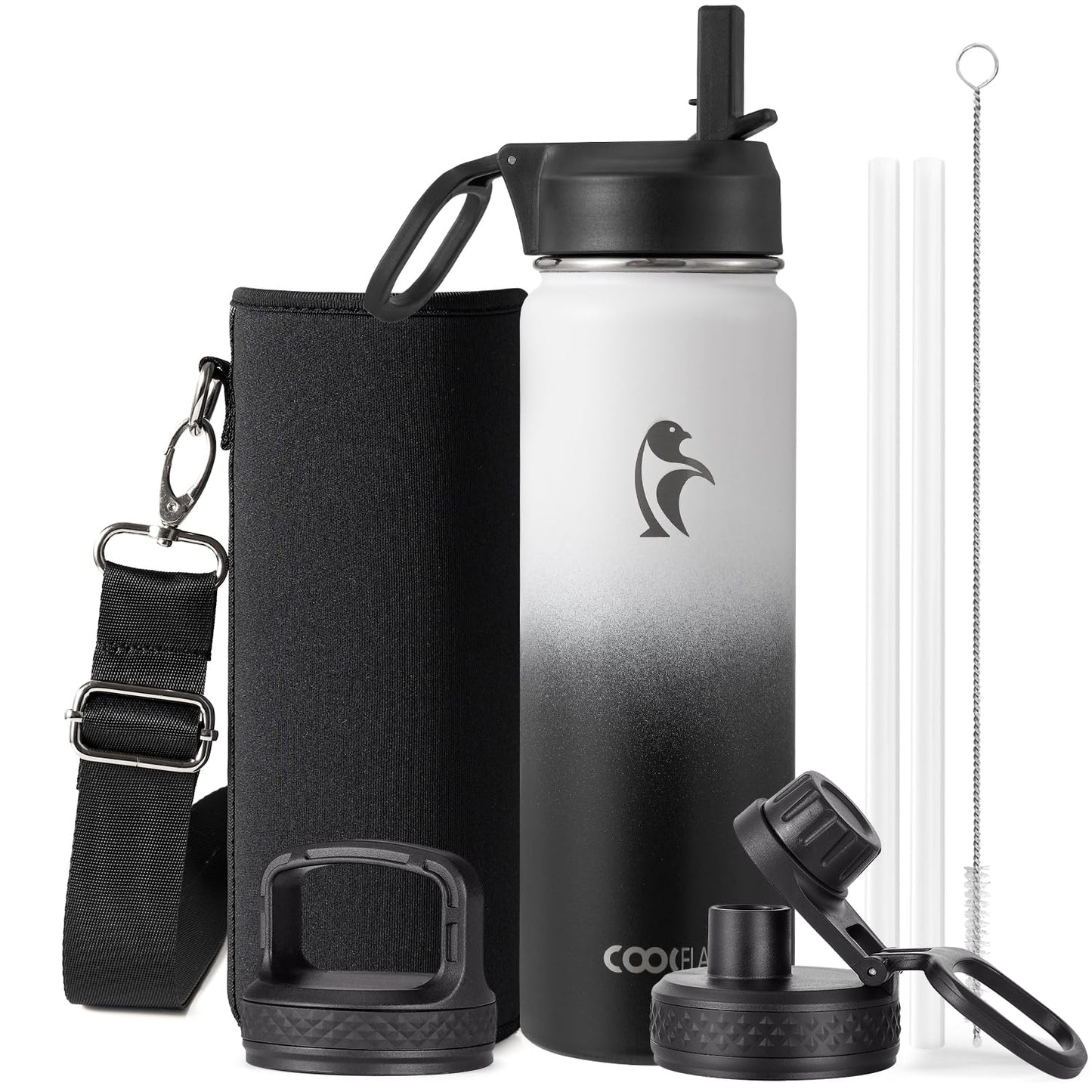 Half Gallon Water Bottle Insulated with Straw & 3 Lids, Coolflask 64 oz Water Jug Large Metal Stainless Steel Wide Mouth for Sports, Gym or Office, Non-BPA Keep Cold 48H Hot 24H, Samurai Cyan
