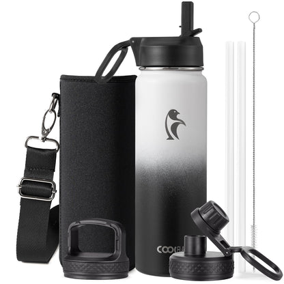 Half Gallon Water Bottle Insulated with Straw & 3 Lids, Coolflask 64 oz Water Jug Large Metal Stainless Steel Wide Mouth for Sports, Gym or Office, Non-BPA Keep Cold 48H Hot 24H, Samurai Cyan
