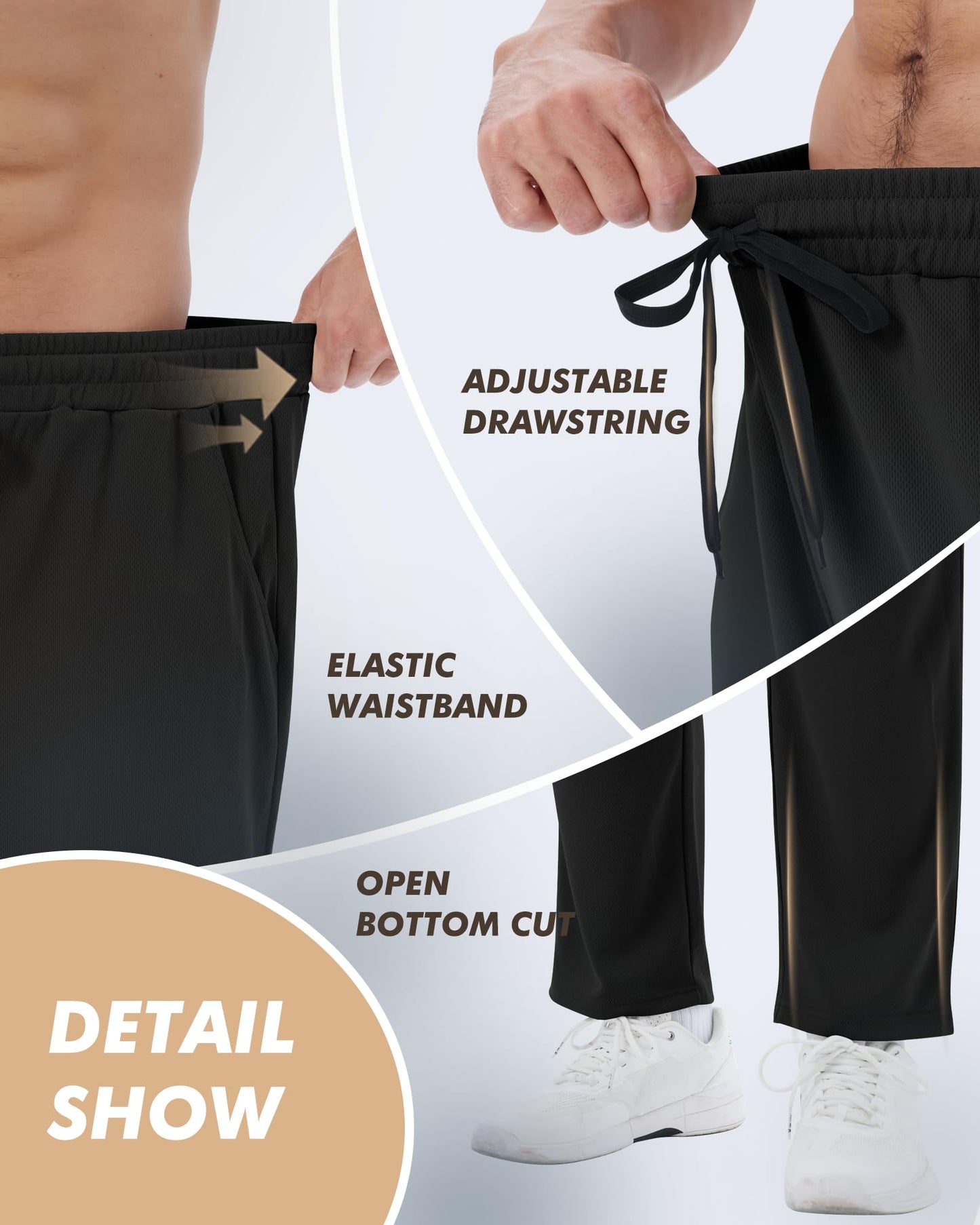3 Pack Mens Sweatpants with Pockets - Mesh Open Bottom Athletic Joggers for Men Loose Fit Gym Workout Running Casual Pants