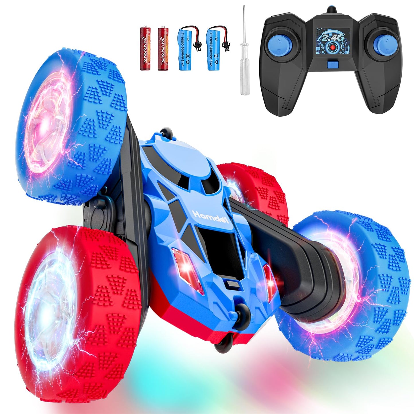 Hamdol Remote Control Car for Kids, 360° Rotating Double-Sided RC Car with LED Headlights, 4WD 2.4GHz Electric Rechargeable Toy Vehicle for Boys and Girls, Perfect Birthday