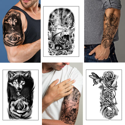 Yazhiji 36 Sheets Temporary Tattoos Stickers, 12 Sheets Fake Body Arm Chest Shoulder Tattoos for Men or Women with 24 PCS Tiny Black Tattoos