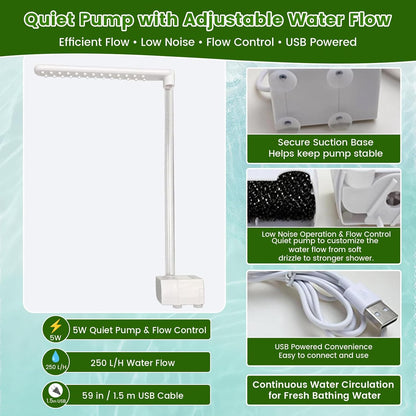 Bird Shower Bath Set for Budgies, Cockatiels & Small Parrots, Indoor Bird Bath Shower with Waterproof Splash Mat, Bird Perch Stand and Bath Accessories