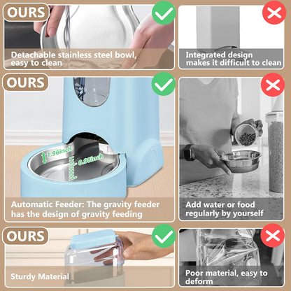 Automatic Cat Feeder and Water Dispenser with Stainless Steel Bowl Dog Gravity Food Feeder and Waterer for Small Medium Pets Puppy Kitten 1 Gallon x 2