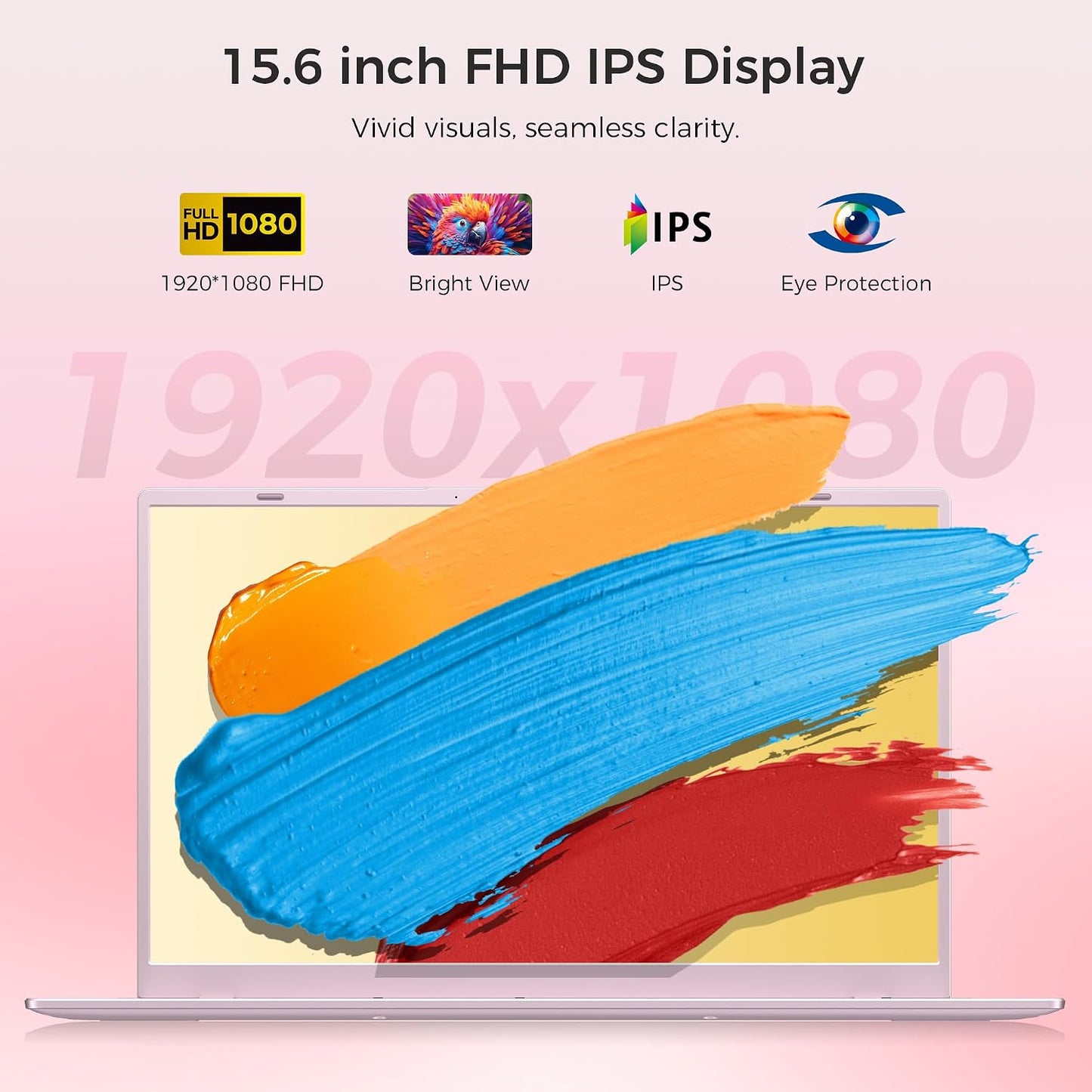 15.6" Pink Laptop, Laptop with 16GB RAM 256GB SSD, Gold 6500Y(Beat Pentium, Up to 3.4GHz), 1080P FHD IPS Display, Bluetooth, WIFI, HDMI, USB-C, USB3.2, 38WH Battery, Laptop Computer for Students