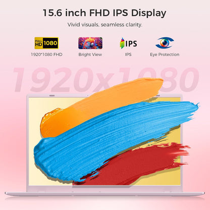 15.6" Pink Laptop, Laptop with 16GB RAM 256GB SSD, Gold 6500Y(Beat Pentium, Up to 3.4GHz), 1080P FHD IPS Display, Bluetooth, WIFI, HDMI, USB-C, USB3.2, 38WH Battery, Laptop Computer for Students