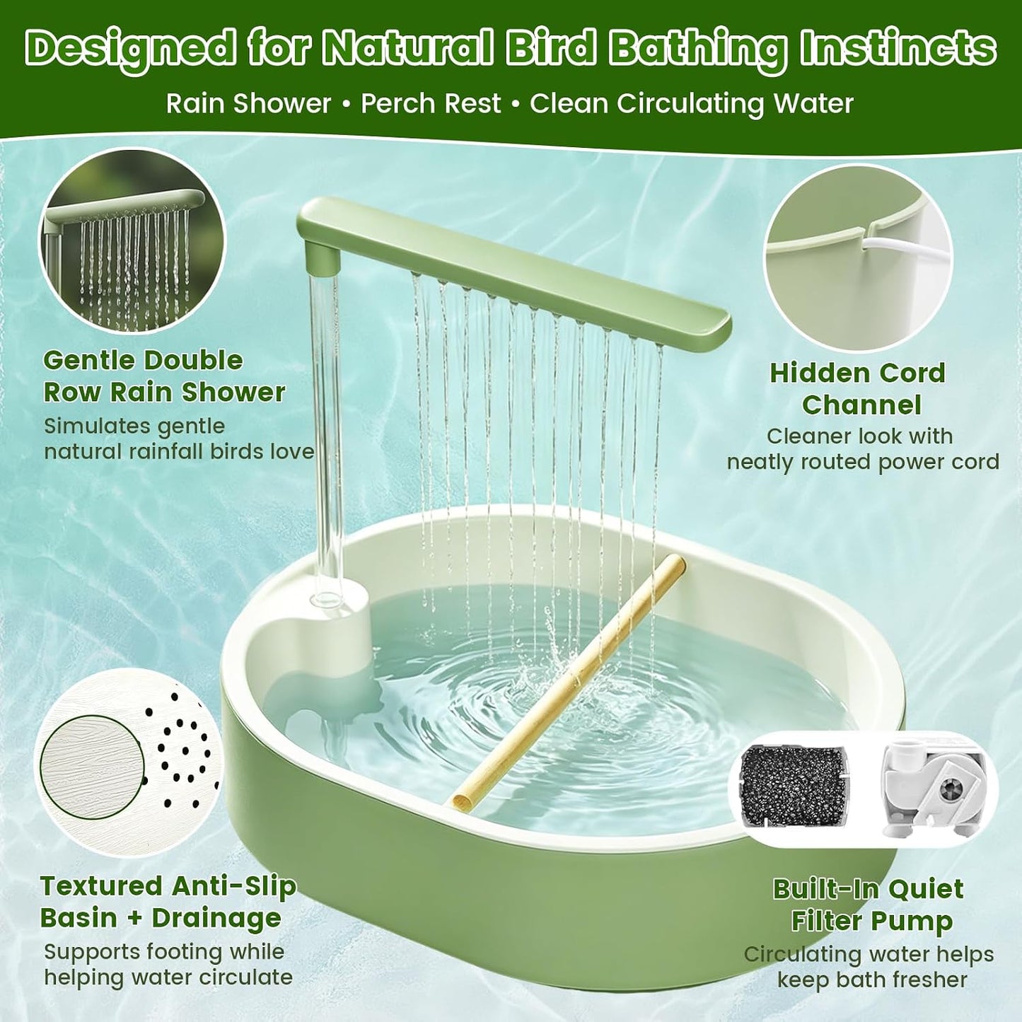 Bird Shower Bath Set for Budgies, Cockatiels & Small Parrots, Indoor Bird Bath Shower with Waterproof Splash Mat, Bird Perch Stand and Bath Accessories